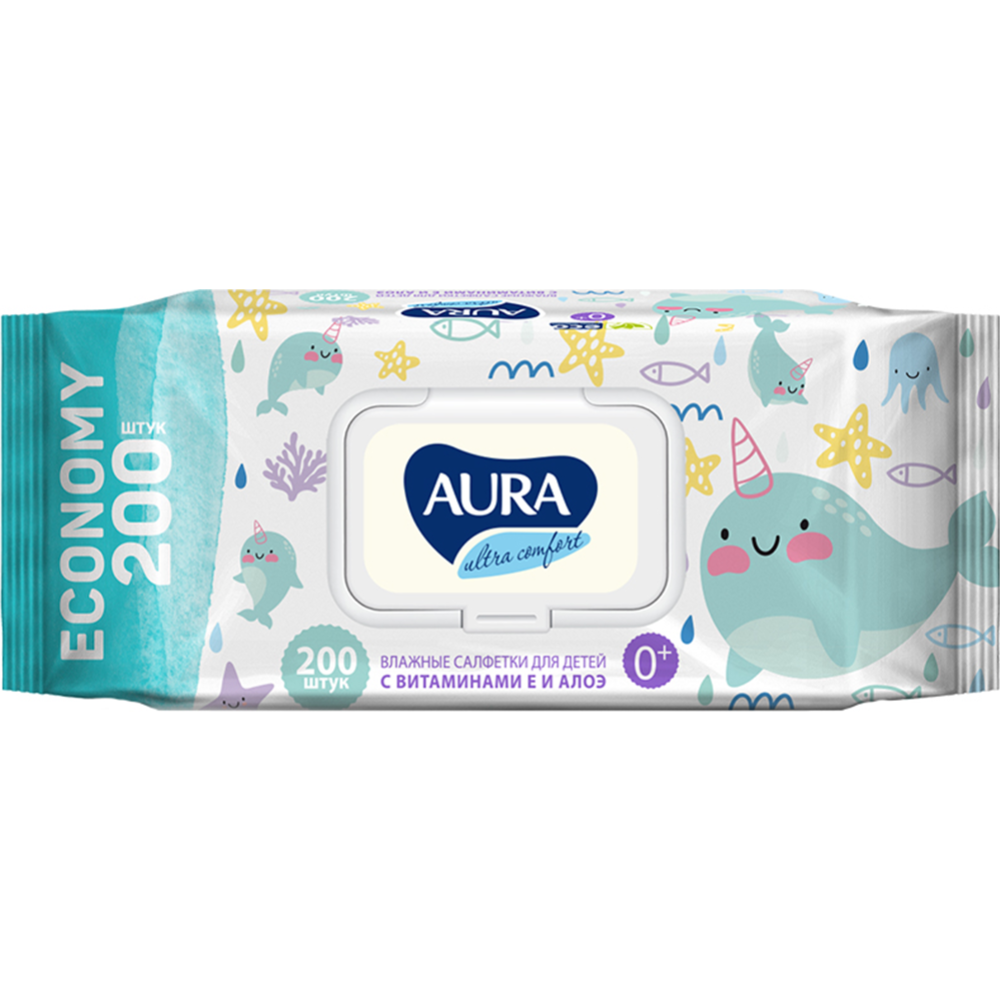 Салфетки влажные  AURA  детские Ultra Comfort 200шт.с крышкой