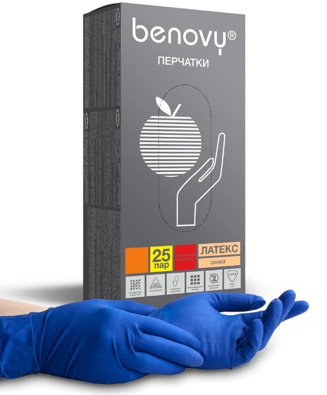 Перчатки латексные Benovy повыш.прочн.СИНИЕ  XL (25 пар.упак)