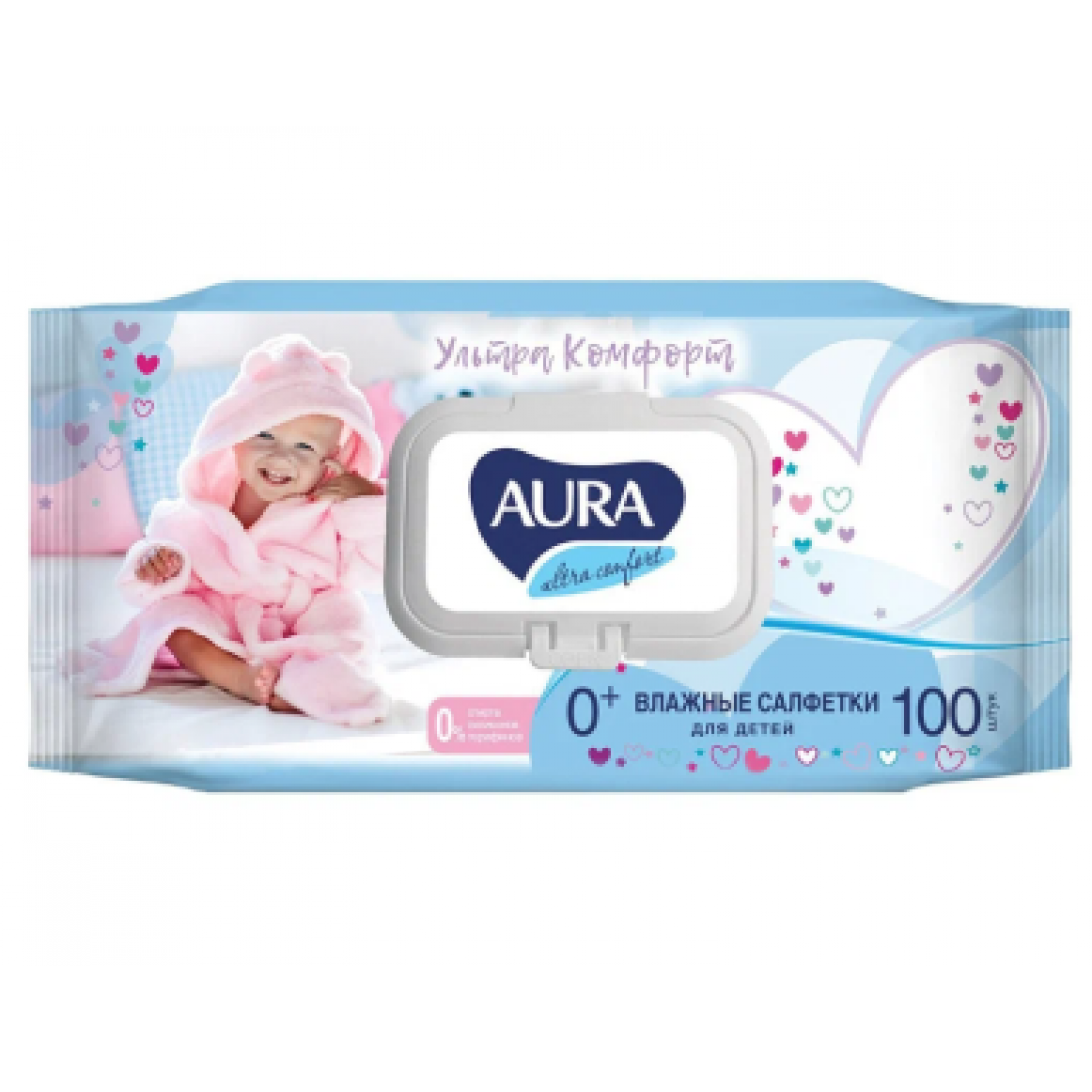 Салфетки влажные  AURA  детские Ultra Comfort 100шт.Алое с крышкой