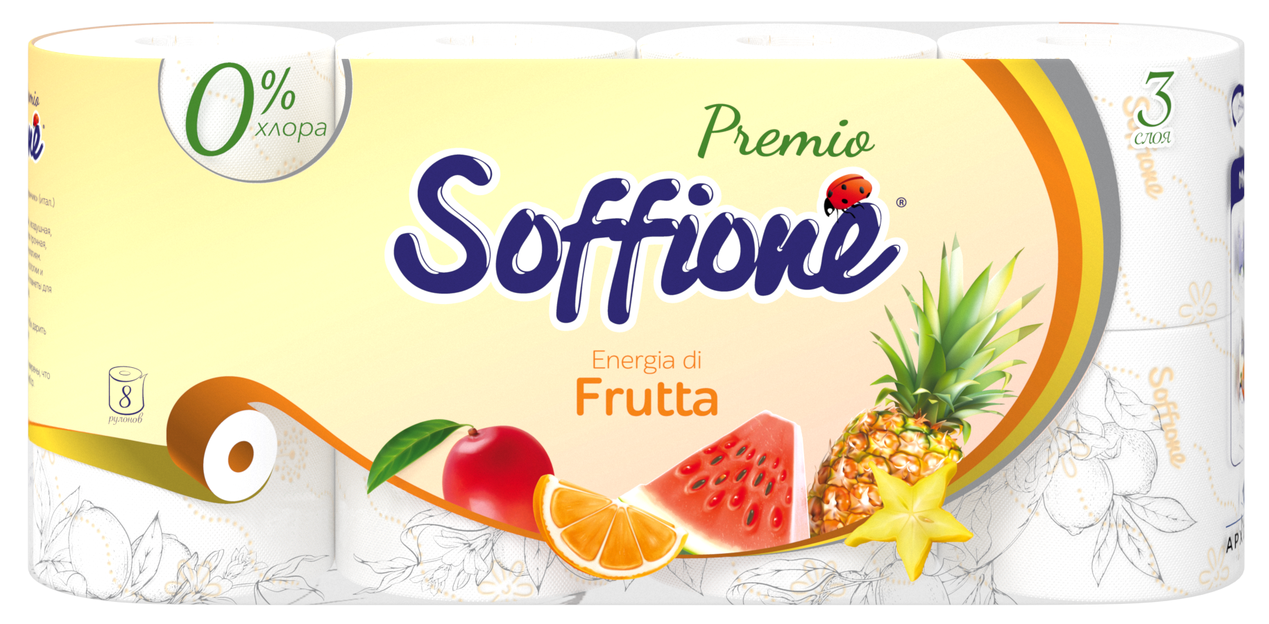 Туалетная бумага SOFFIONE Энергия фруктов 3-х.сл.8 рул.